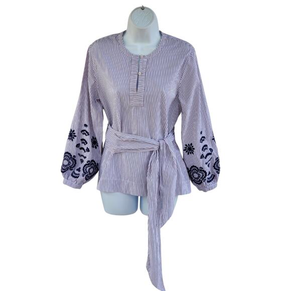 J.Crew Red Blue Striped Embroidered Wrap Tunic Blouse S Preppy Coastal Work Top - Picture 2 of 7